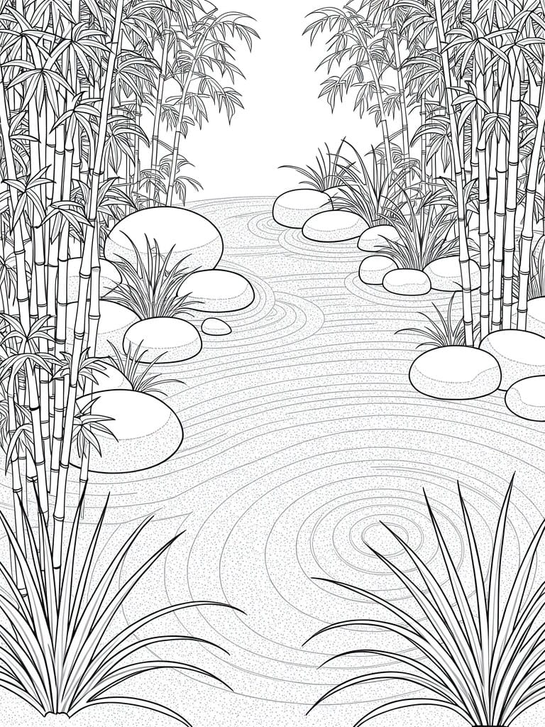 Black line drawing of bamboo groves framing a zen garden path with swirling sand ripples, rocks, and grass.