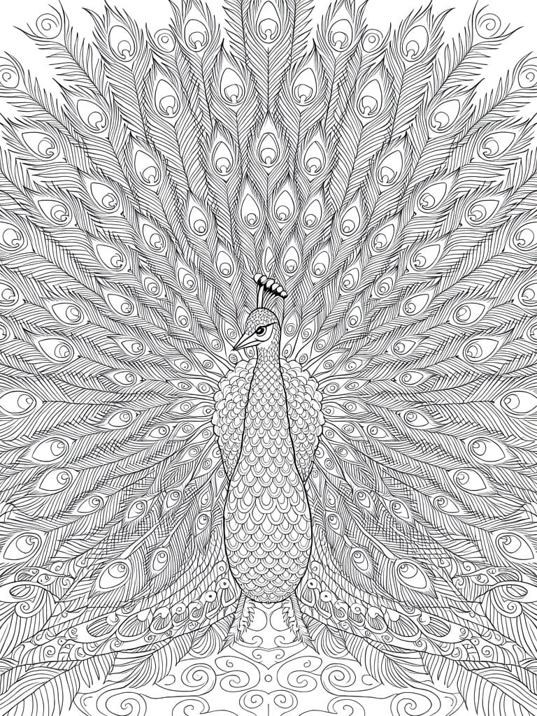 Detailed black line drawing of a peacock standing with tail feathers fully spread in symmetrical display.