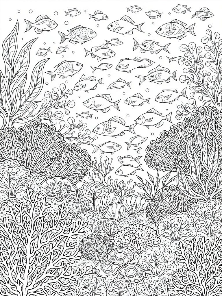 Black and white intricate line drawing of an underwater reef scene with numerous fish swimming amid detailed seaweed and branching corals.