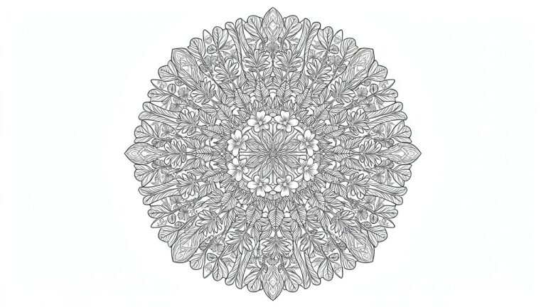 Circular black line drawing of a mandala with central hibiscus flower, surrounding smaller flowers, and radiating feathery leaves.
