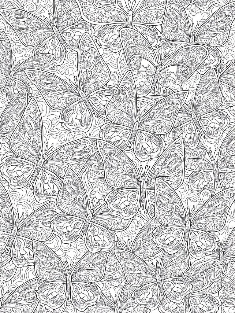 Black line art of numerous detailed butterflies overlapping to fill the page in a dense swirling pattern.