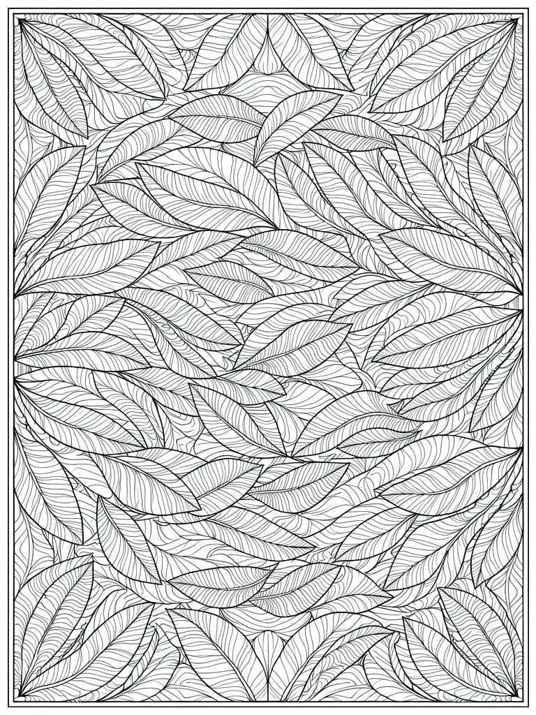 Black line art coloring page of densely overlapping detailed leaves filling a bordered rectangle.