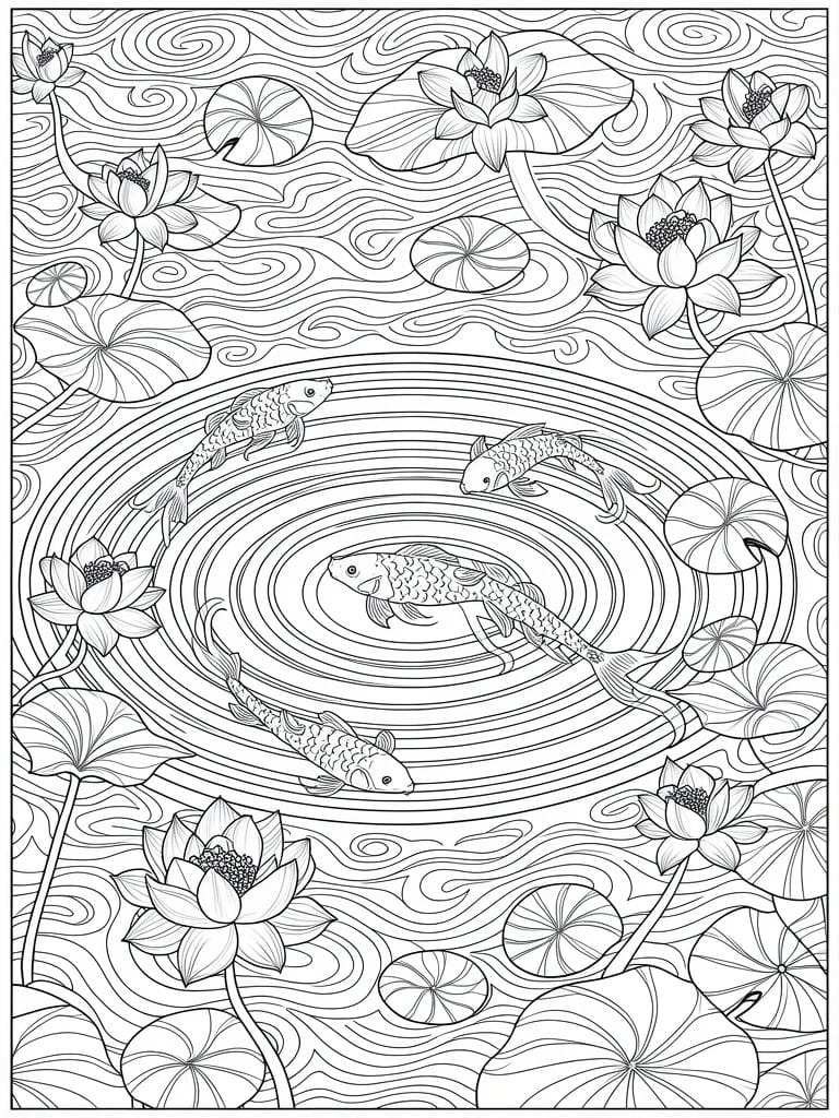 Black line drawing of koi fish circling in water surrounded by lotus flowers, leaves, and wavy patterns.