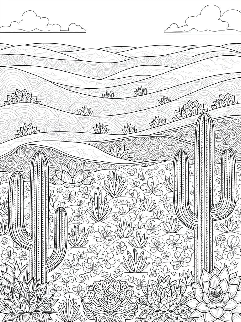 Line art coloring page depicting a desert scene with patterned cacti, succulents, wavy hills, a winding path, and scattered clouds.