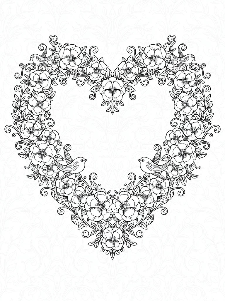 Line drawing of a heart-shaped border filled with flowers, vines, and two small birds.