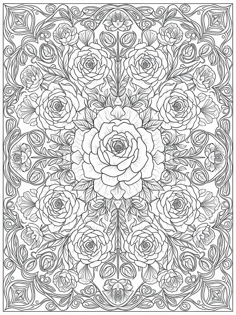 Black and white line art coloring page of a central rose mandala surrounded by smaller roses, vines, shells, and ornate borders.
