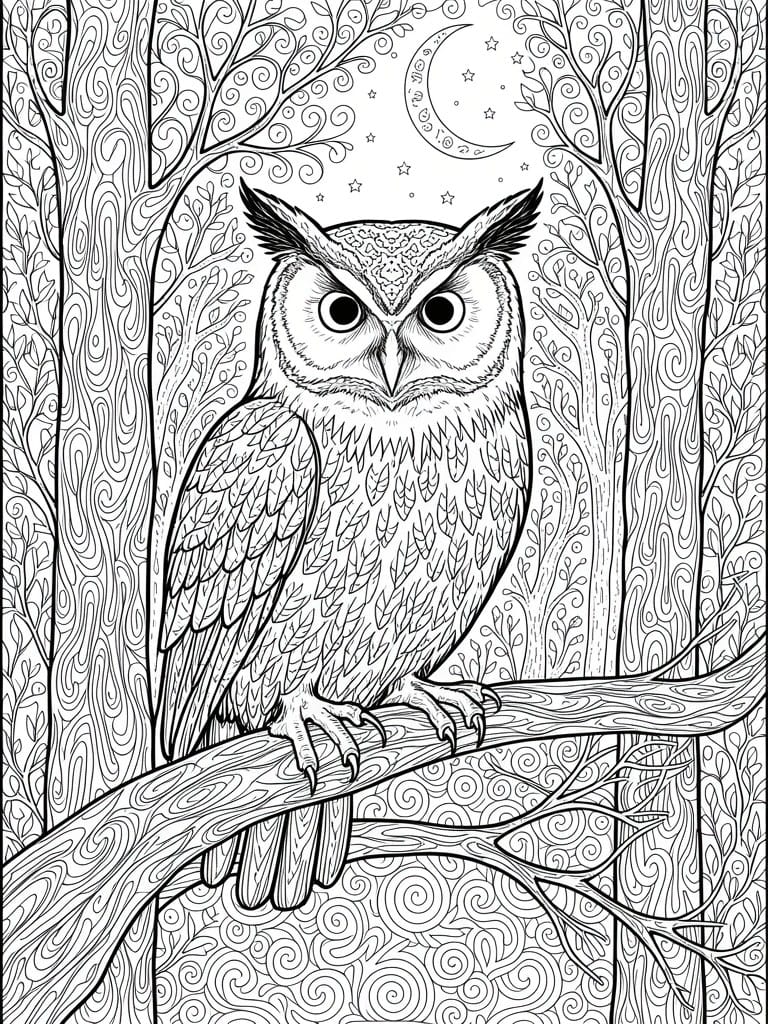 Black and white coloring page of a detailed owl on a branch surrounded by intricate swirling trees, moon, and stars.