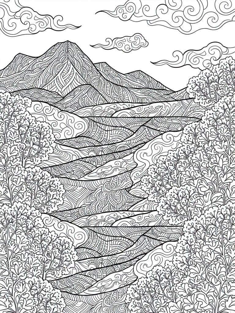 Black and white line drawing of detailed mountains, winding river through valleys, patterned trees, and swirling clouds.