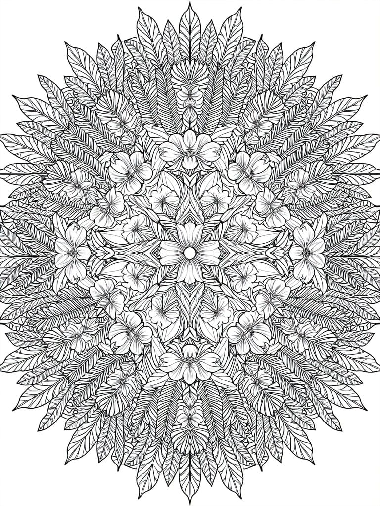 Circular black line drawing of a mandala with central hibiscus flower, surrounding smaller flowers, and radiating feathery leaves.