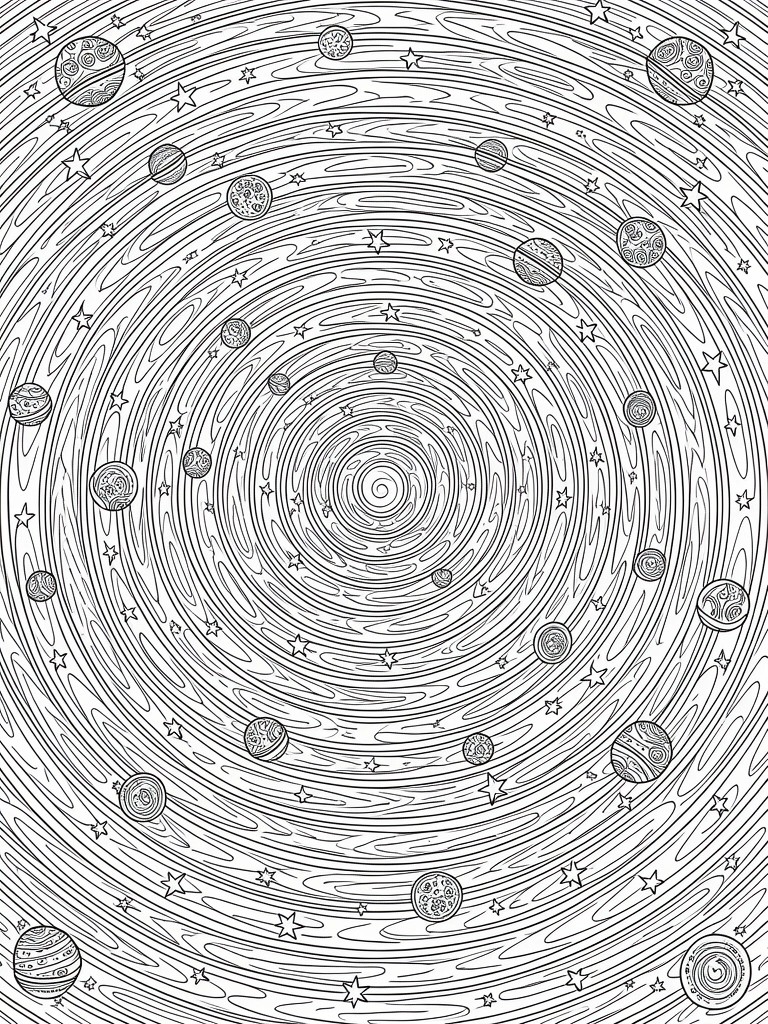 Black line art coloring page of a spiral galaxy design with orbiting planets, stars, and swirling paths.