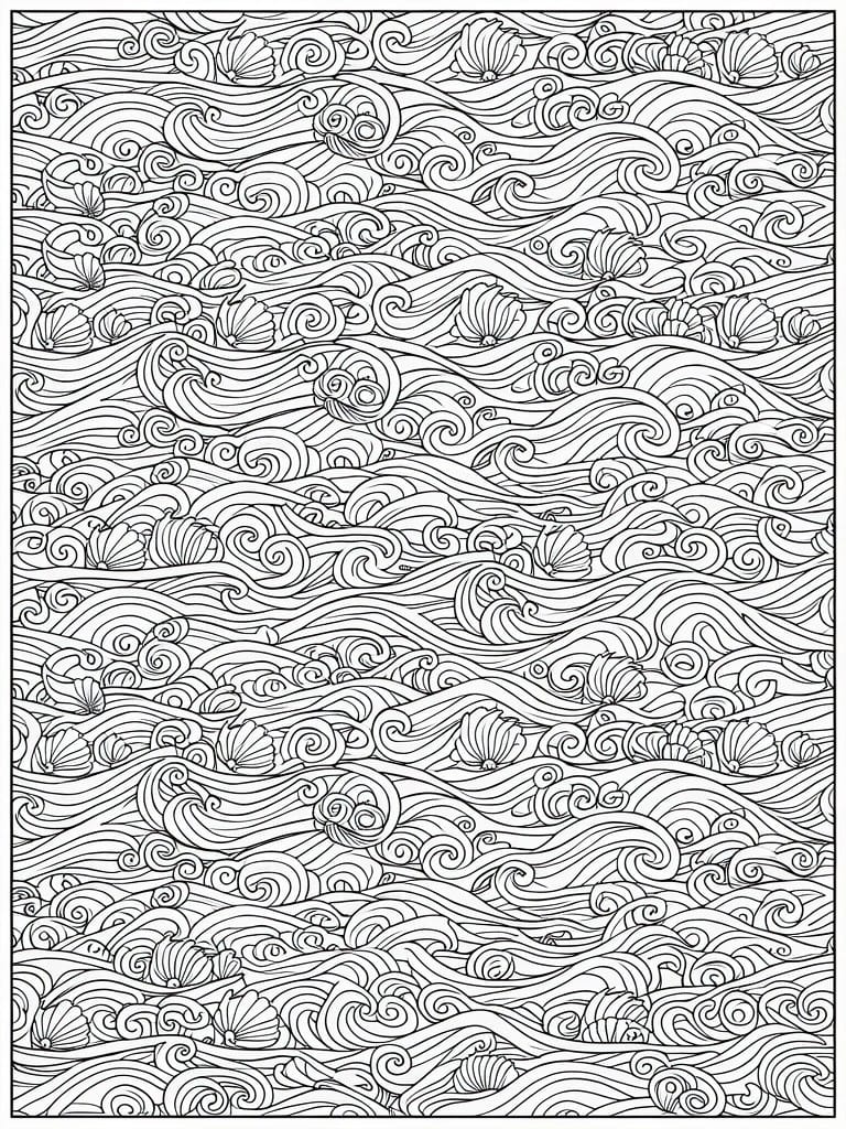 Black line art coloring page filled with repeating horizontal rows of swirling waves and embedded seashells.