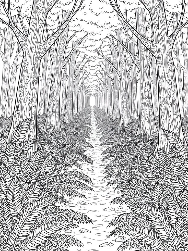 Line art of a straight path through tall trees with ferns along both sides.