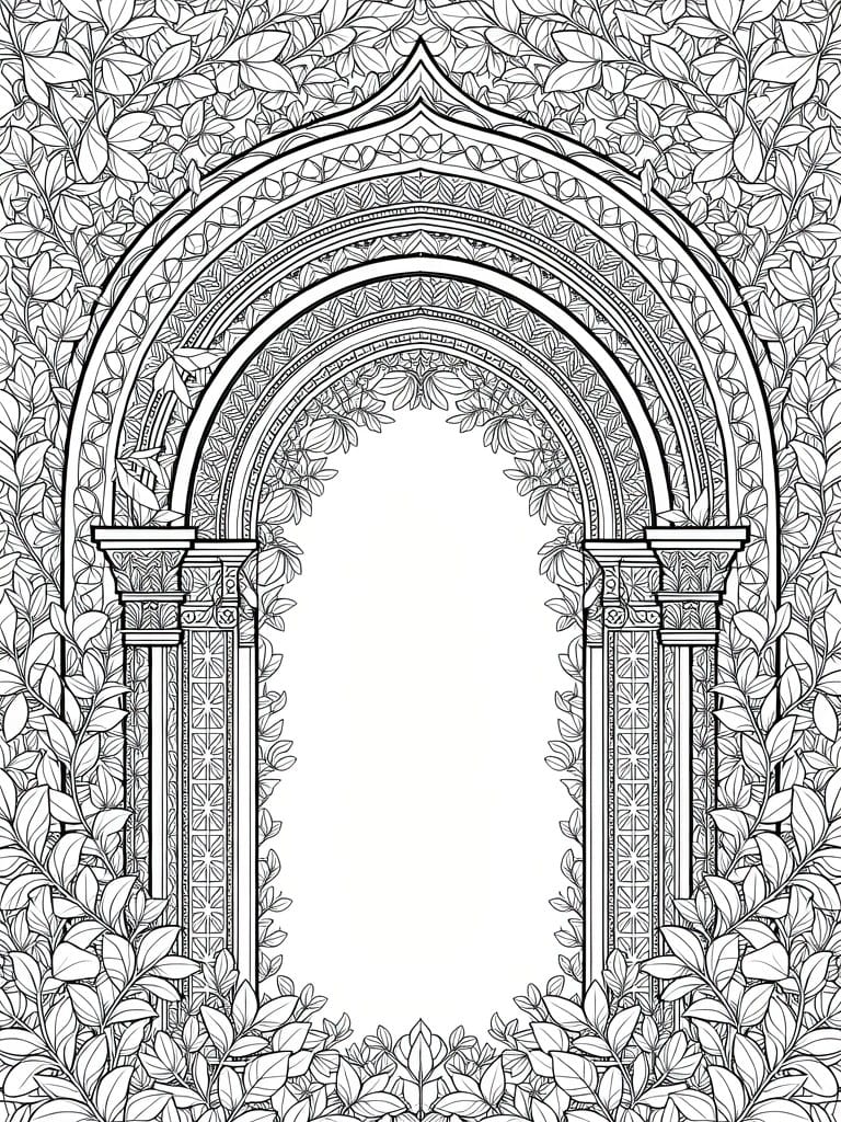 Black line art of a tall arched doorway framed by dense vines, leaves, and geometric patterns.