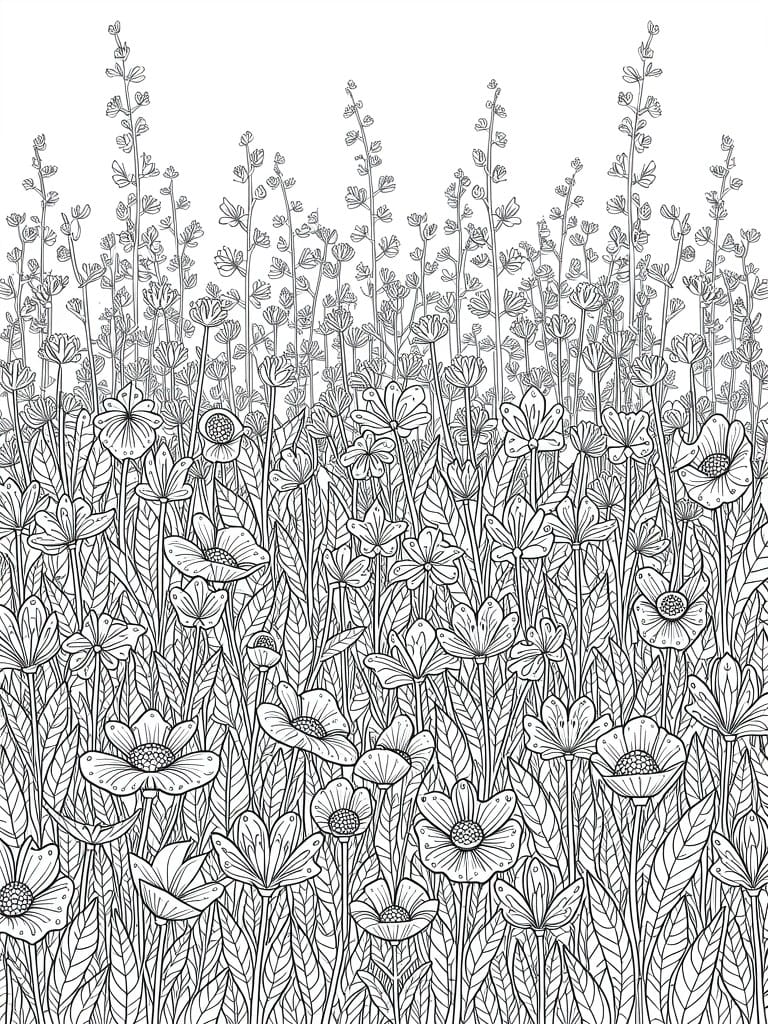 Line art coloring page of tall curving wildflower stems above dense clusters of blooming flowers and leaves.