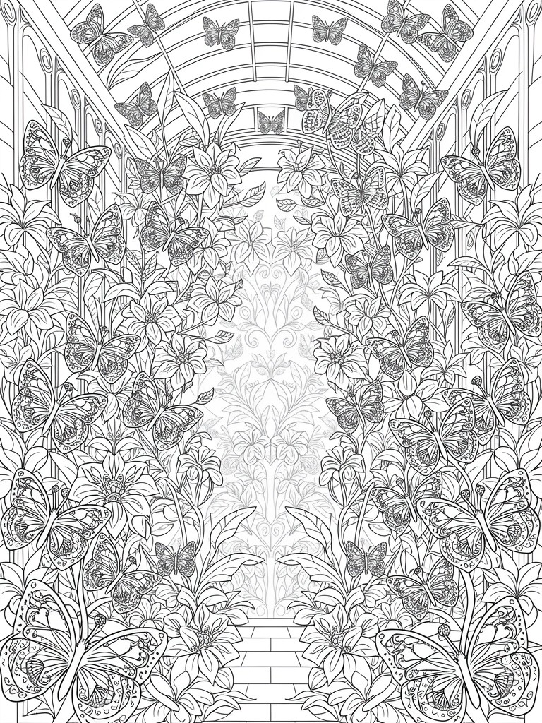 Line art coloring page depicting a symmetrical arched conservatory entrance overflowing with butterflies, vines, flowers, and intricate patterns.