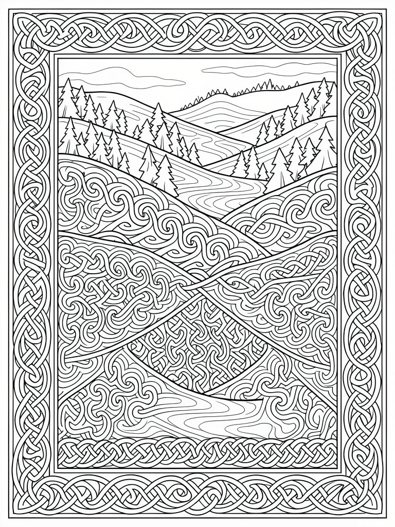 Black and white coloring page featuring a Celtic knot style landscape of hills, trees, river, and ornate border.