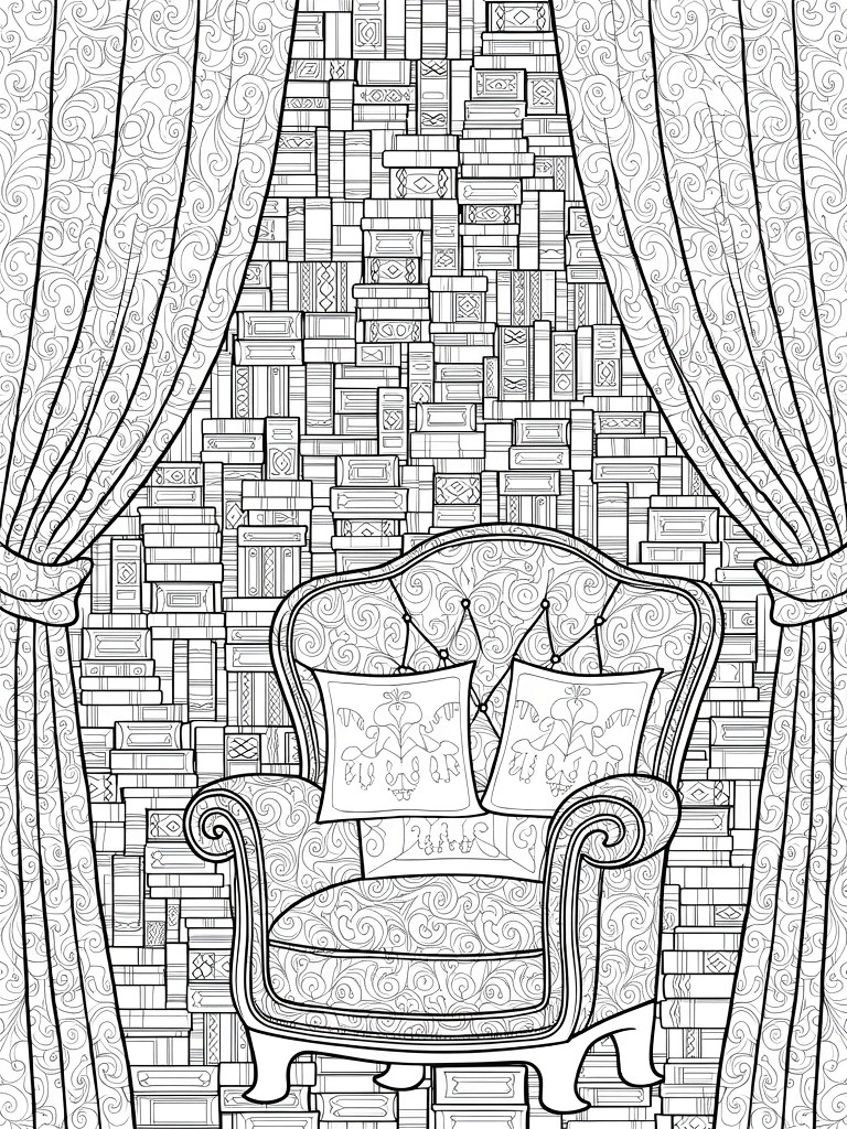 Line drawing of parted curtains revealing a bookshelf wall behind a tufted armchair with patterned pillows.