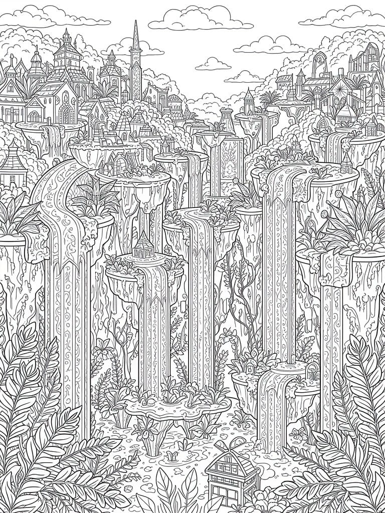 Line art of a detailed fantasy city on floating islands and pillars with cascading waterfalls, ornate buildings, and foliage.