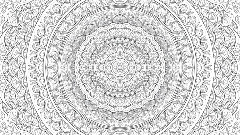 18 Complex Coloring Pages for Deep Focus Moments Black and white line art of a circular mandala with intricate floral patterns, leaves, and geometric shapes in symmetrical layers.
