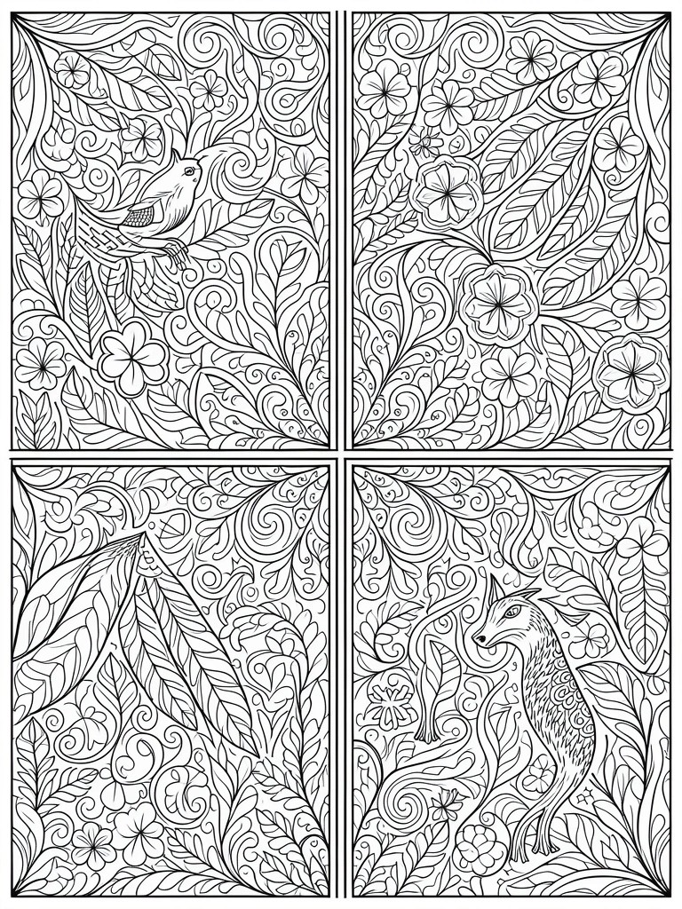 Black-line coloring page split into four quadrants with swirling floral vines, birds, flowers, leaves, and a fox in intricate patterns.