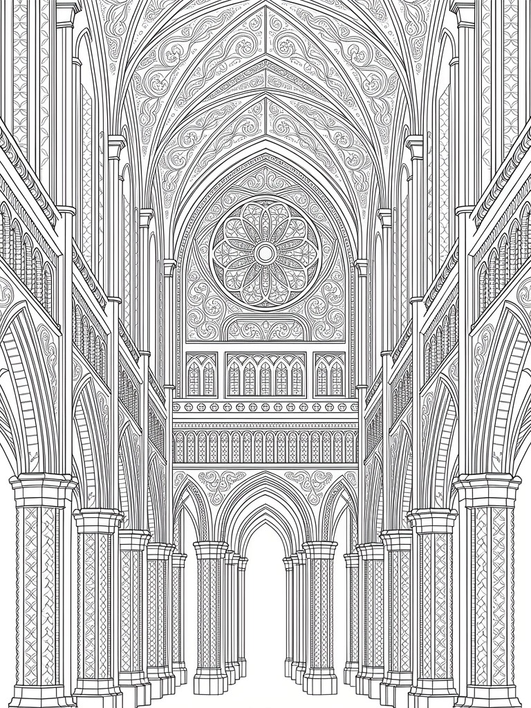 Line drawing of a Gothic cathedral interior showing a long nave with columns, arches, vaults, and a large central rose window.