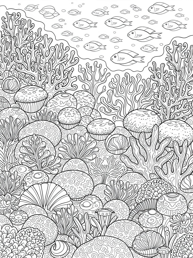 Black line art of a detailed coral reef with patterned corals, shells, fish schools, and anemones.