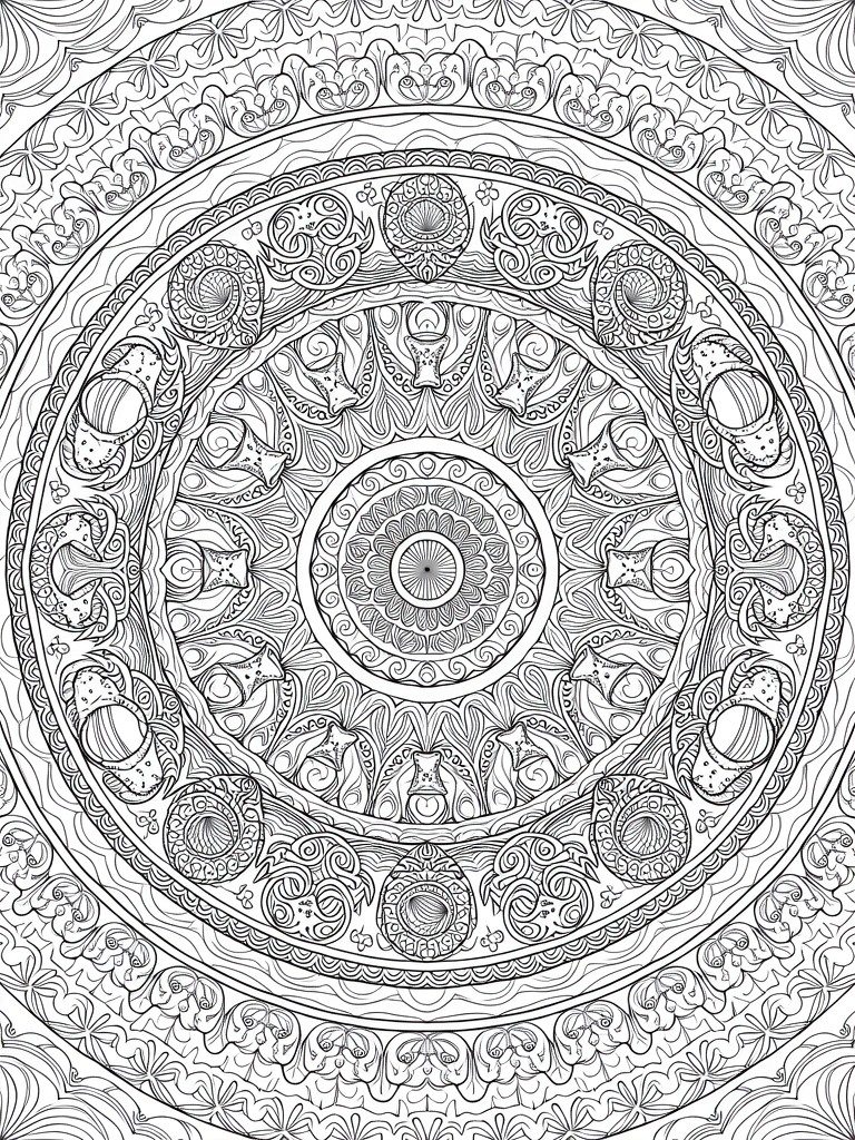 Black line art of a detailed circular mandala with central flower, swirling vines, geometric shapes, and ornate borders.