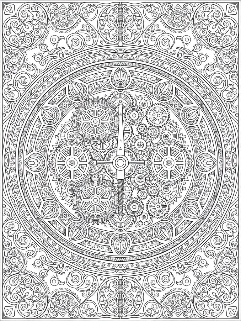 Highly detailed line art coloring page of a clock face surrounded by gears, cogs, and ornate borders.