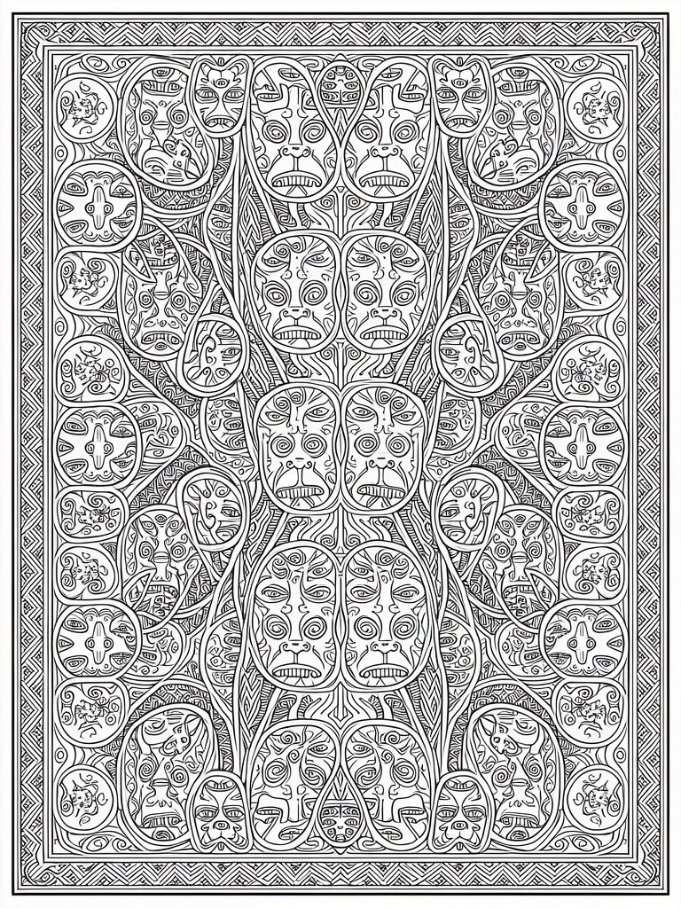Black line art coloring page of symmetrical tribal faces and patterns in a bordered rectangular design.