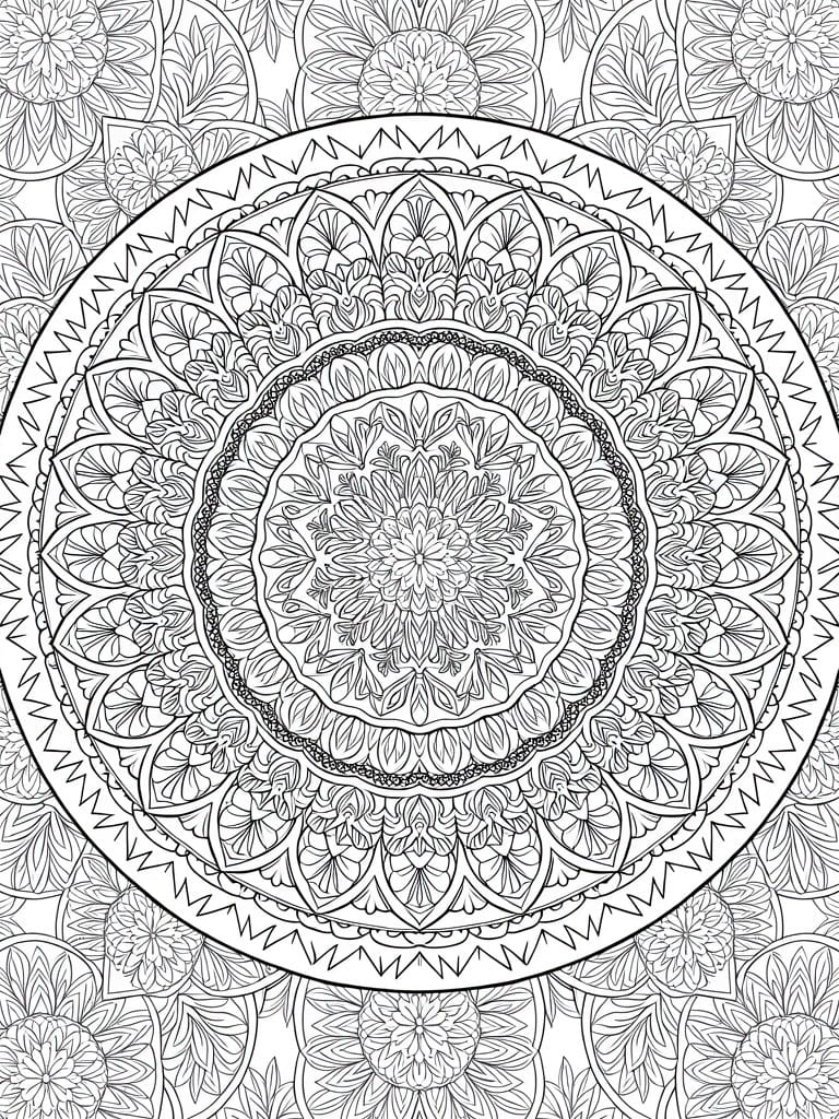 Black and white line art of a circular mandala with intricate floral patterns, leaves, and geometric shapes in symmetrical layers.