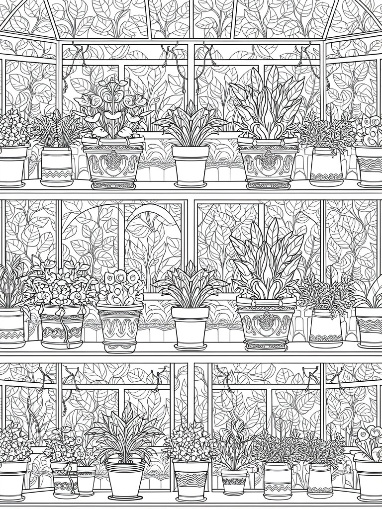 Line art of a greenhouse with three shelves of assorted potted plants, vines, and moonlit windows.