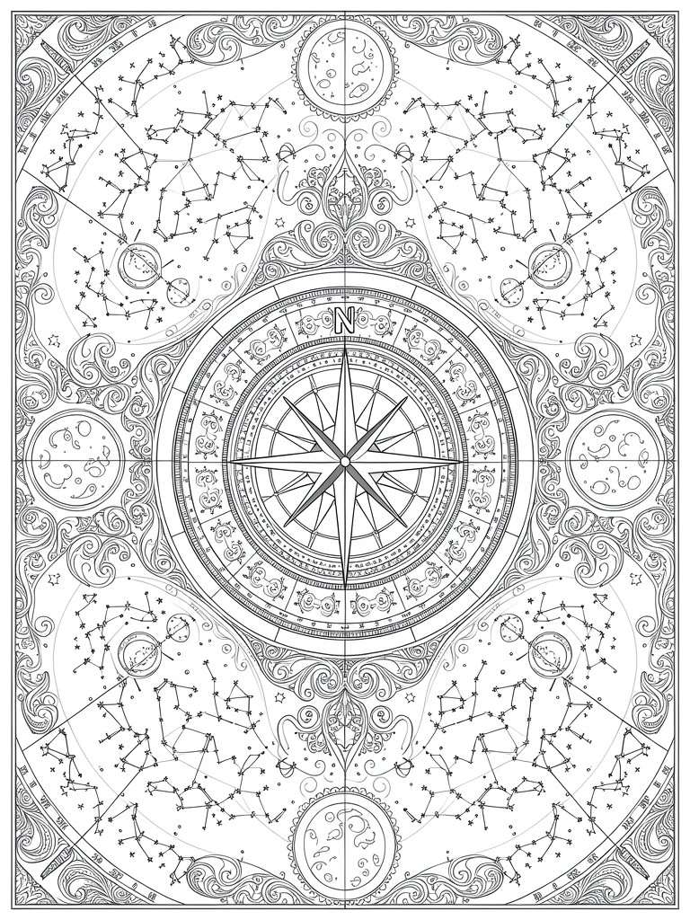 Black line art coloring page featuring a central compass rose surrounded by stars, constellations, moons, and ornate swirling borders.