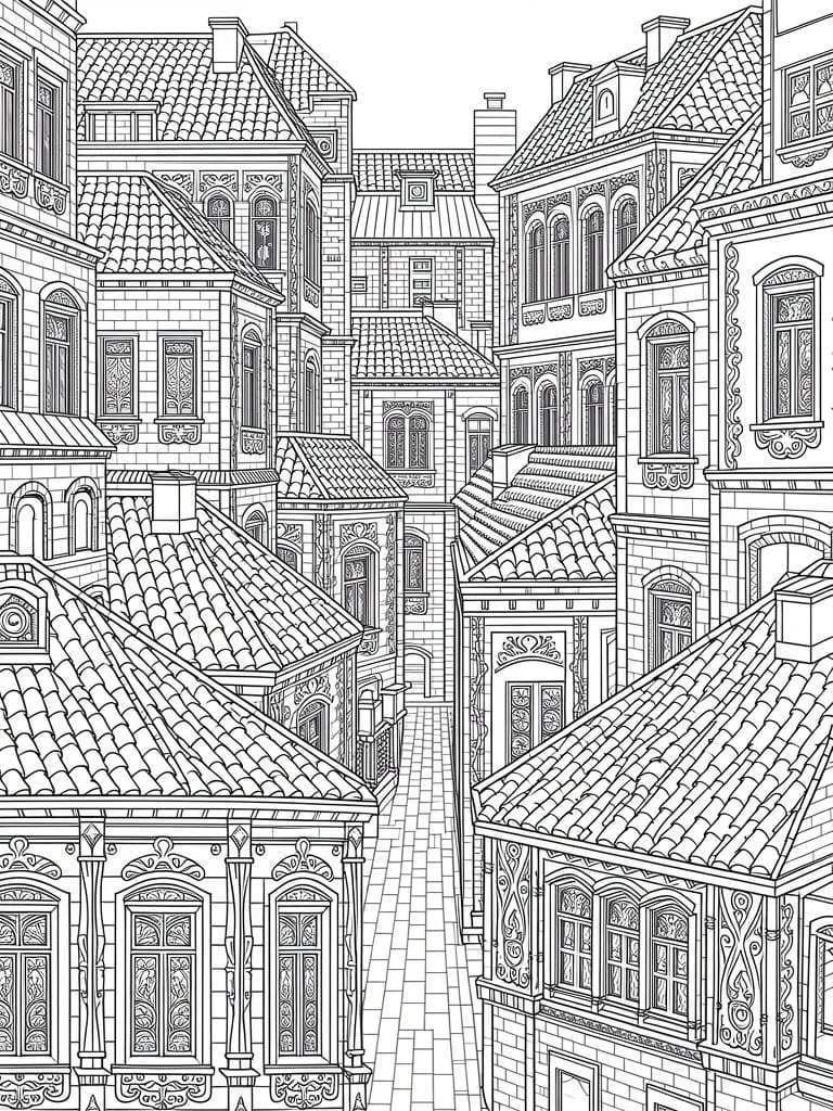 Black and white line drawing of a narrow European street lined with highly detailed multi-story buildings featuring ornate windows, doors, and tiled roofs.