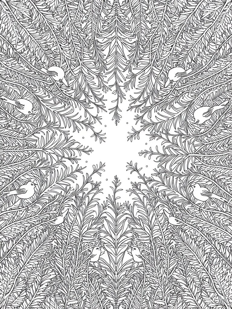 Black and white line art of ferns radiating symmetrically from a central point with birds integrated into the foliage.