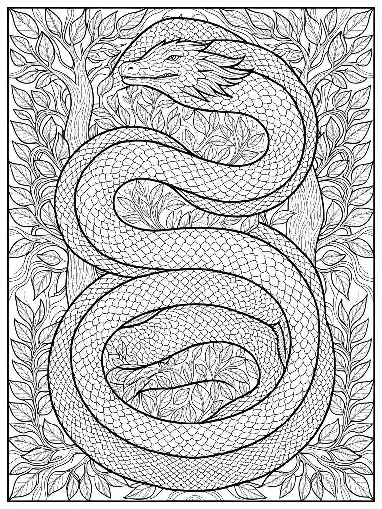 Black and white line art of a coiled dragon snake with detailed scales surrounded by intricate leaves, vines, and floral patterns.