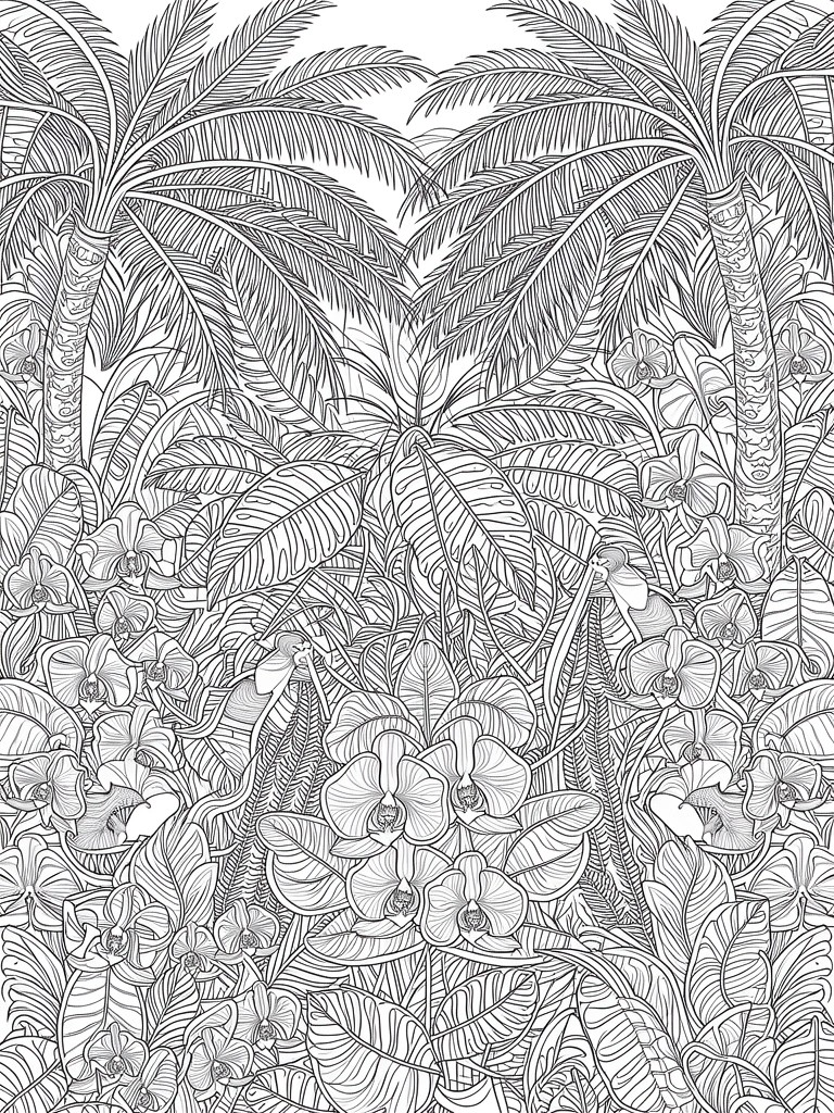 Highly detailed black line art coloring page of symmetrical palm trees surrounding orchid clusters in a jungle setting.