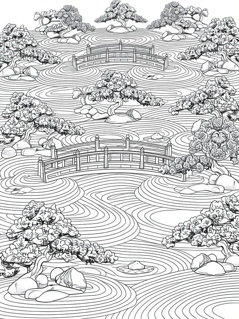 Line art coloring page depicting a Japanese Zen garden with swirling raked gravel paths, bonsai trees, rocks, and multiple wooden bridges.