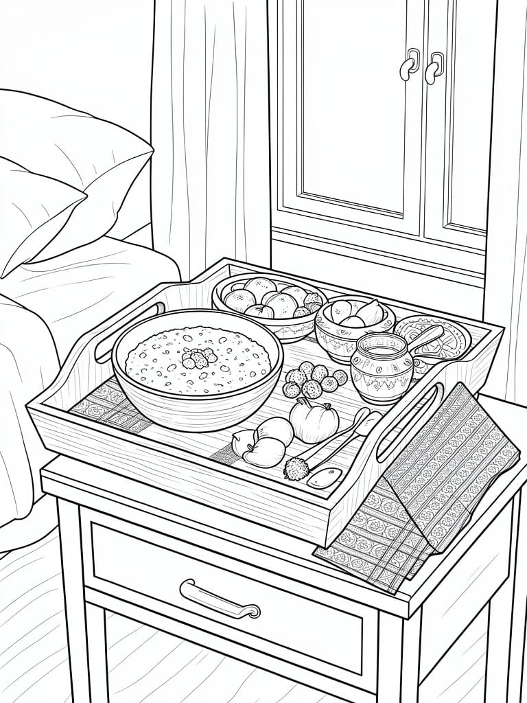 Line drawing coloring page of a breakfast tray with oatmeal, fruits, eggs, yogurt, and spoon on a bedside table next to a bed and window.