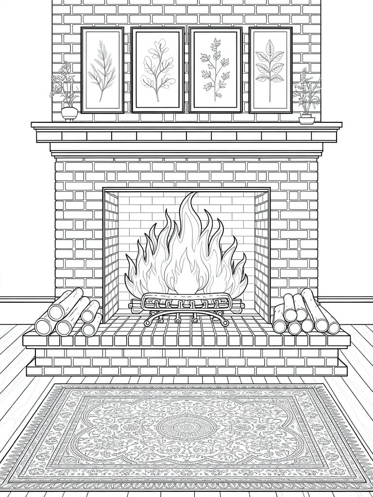 Line art coloring page of a brick fireplace with burning flames, firewood logs, mantel holding plant frames and pots, and a patterned rug in front.