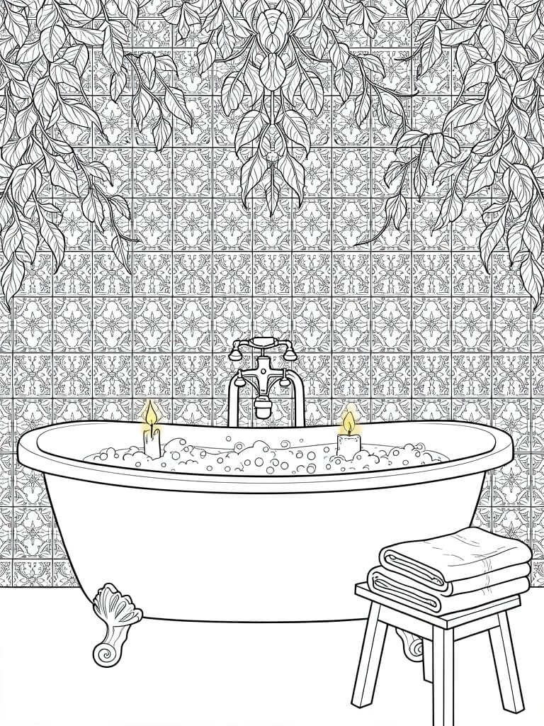 Line art coloring page of clawfoot bathtub with bubbles and candles against vine-covered tiled walls and stool with towel.