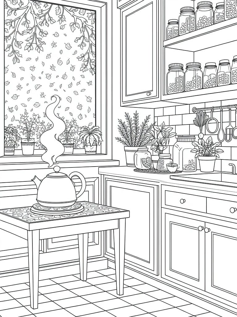 Line drawing of a kitchen with steaming teapot on table, shelves of jars and herbs, plants, sink, and window with falling autumn leaves and vines.