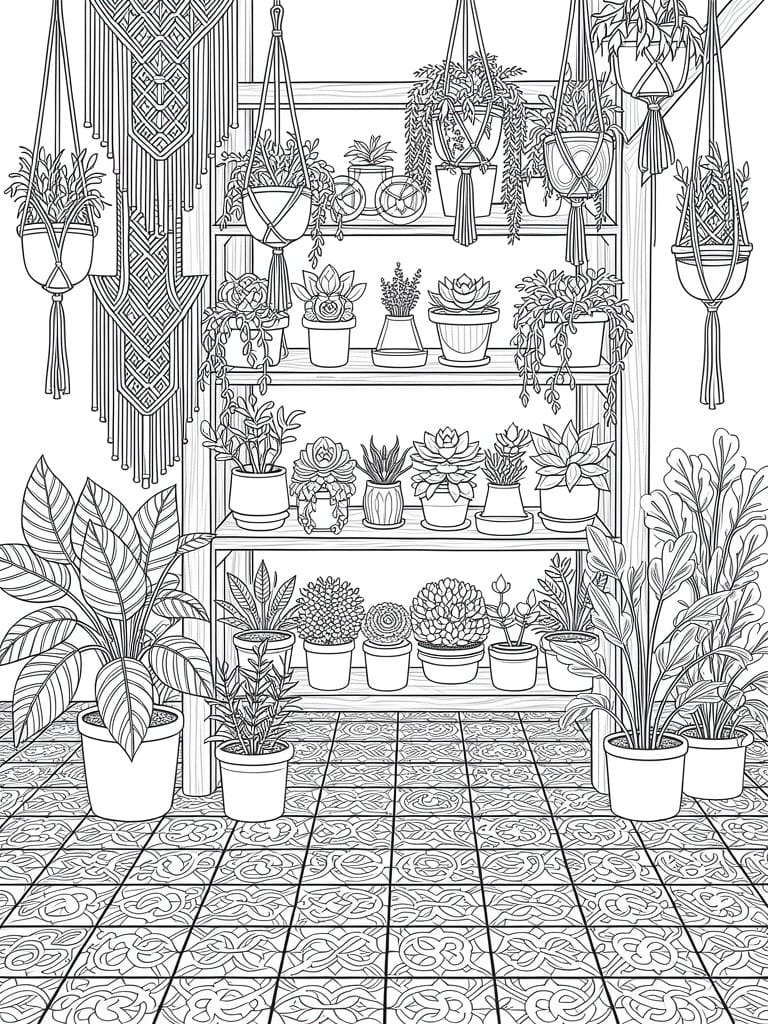 Line art coloring page of an indoor boho plant display with hanging macrame, shelved pots of succulents and vines, and patterned tile floor.