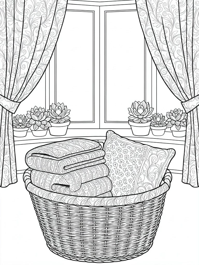 Line drawing of a wicker basket filled with folded blankets and pillows in front of a window flanked by patterned curtains and potted plants on the sill.