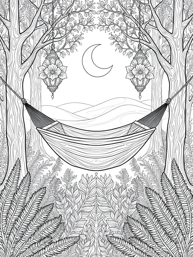 Line art coloring page with hammock between patterned trees, crescent moon, lanterns, hills, and ferns.
