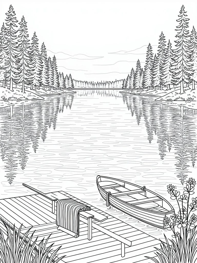 Line drawing of pine trees framing a lake with dock, rowboat, water reflections, and reeds.