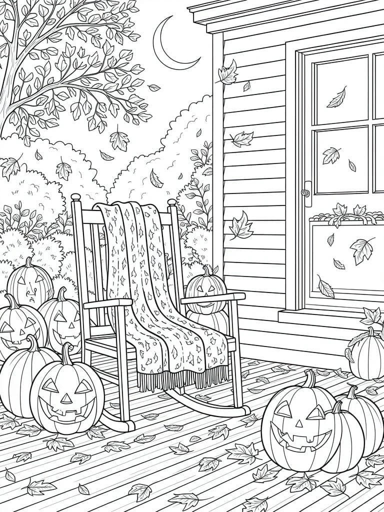 Black and white line drawing of a house porch at night with a rocking chair, pumpkins including jack-o-lanterns, falling leaves, trees, and a full moon.