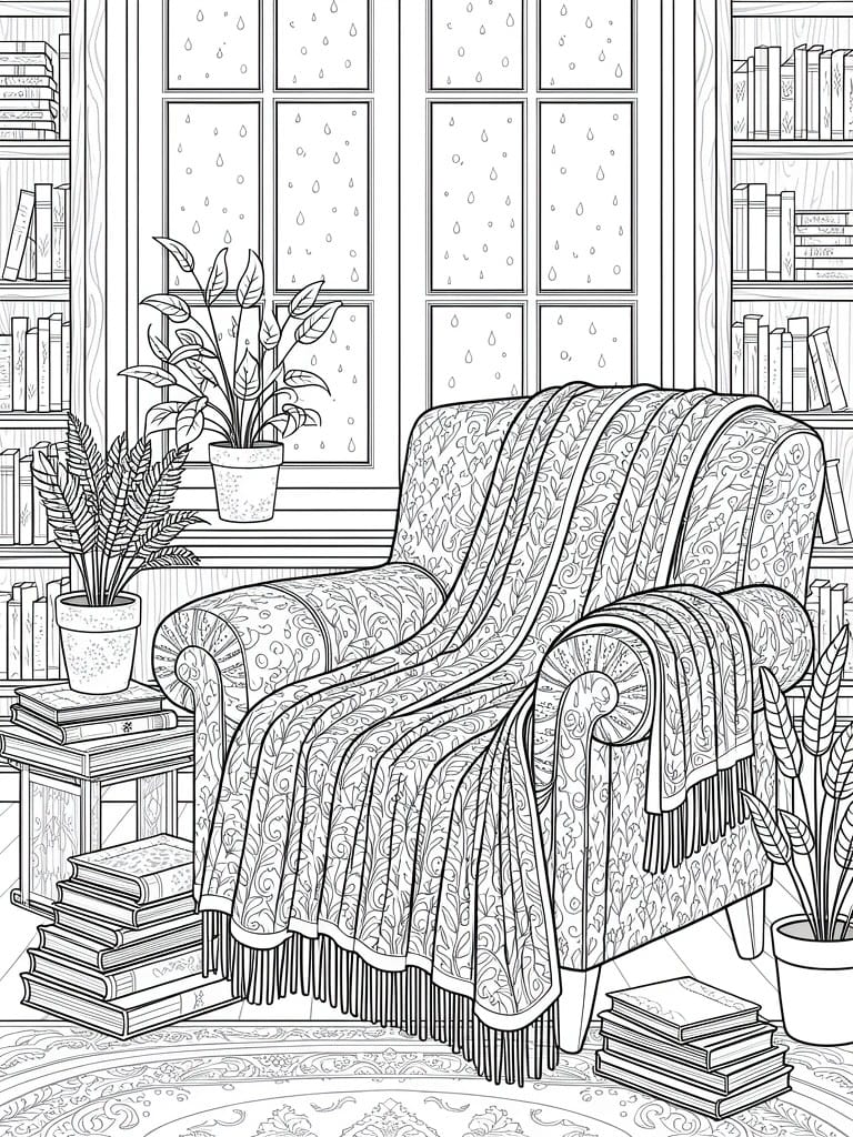 Black line drawing of a cozy armchair by a rainy window in a book-filled room with plants and a side table.