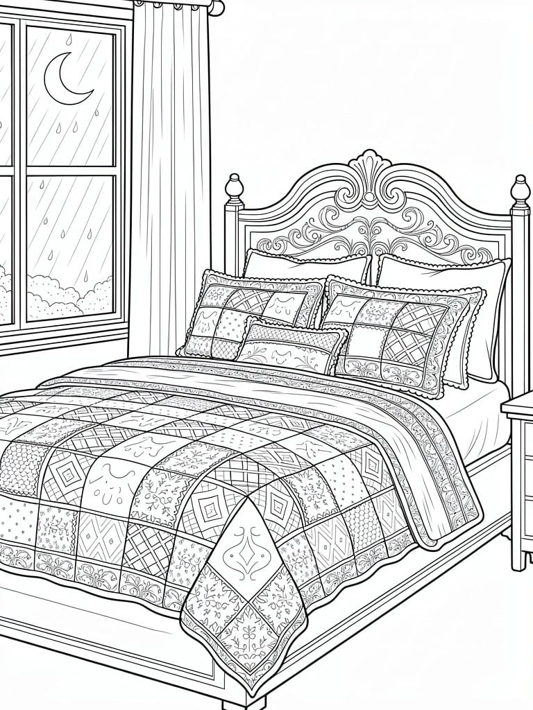 Line art coloring page of a detailed bedroom with ornate bed, patchwork quilt, pillows, curtains, and rainy night window.