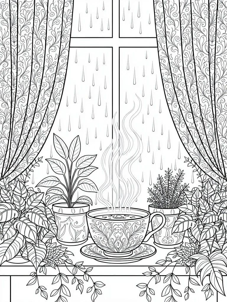Line drawing of a window showing rain outside, with patterned curtains, plants, and a steaming teacup on the sill.