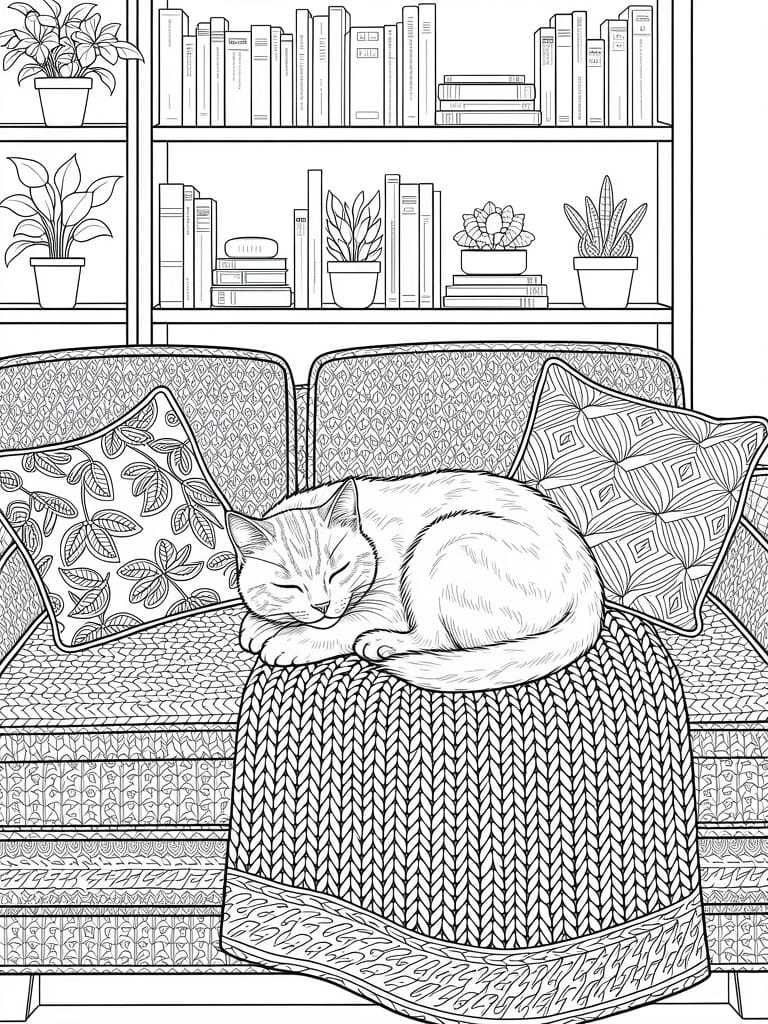 Black and white line drawing of a cat sleeping on a couch covered by a knit blanket, with patterned pillows and background bookshelves holding books and plants.